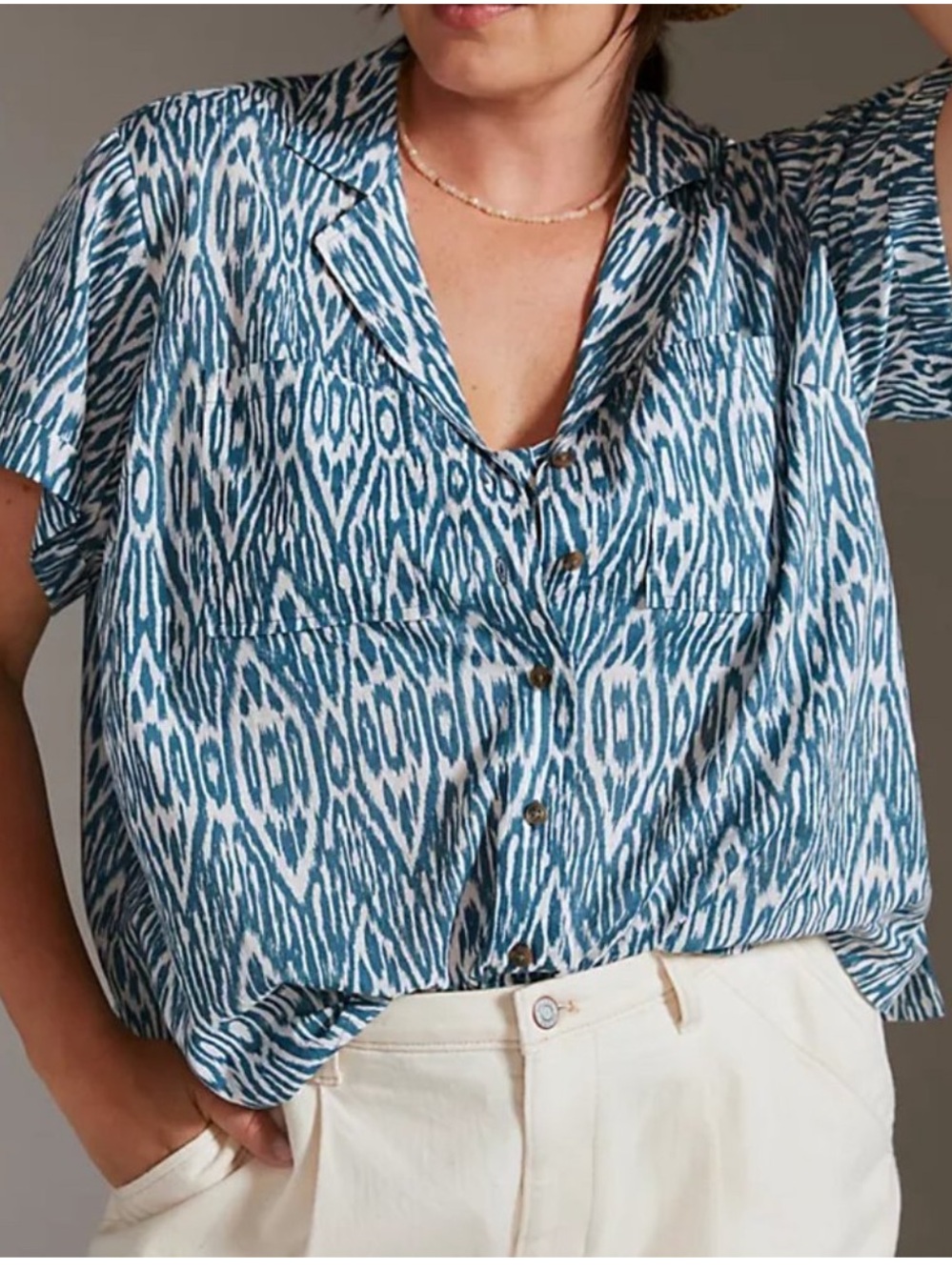 Pilcro Anthropologie short sleeve teal and white shirt button up sz Small